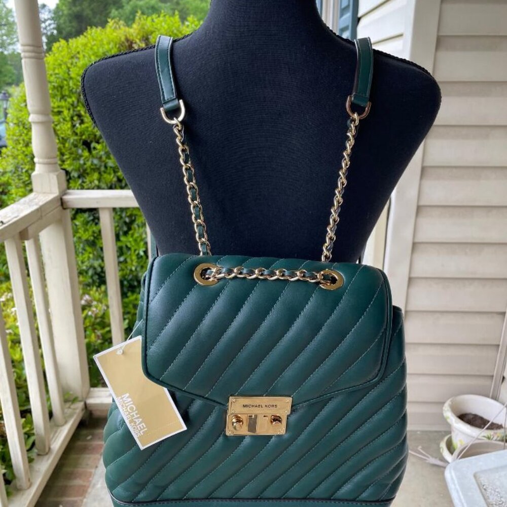 MICHAEL KORS ROSE Conv. Backpack /Racing Green Mid Chain Backpack NWT